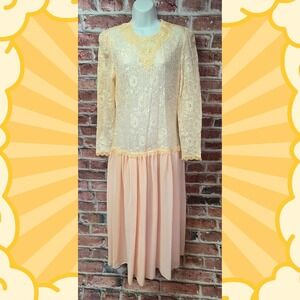 Vintage Women's Pantagis Floral Lace Long Sleeve Dress USA 11/12 Size